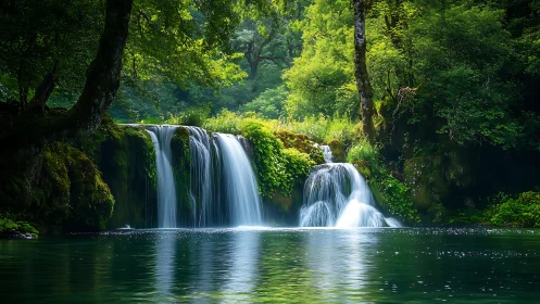 Lush forest waterfall over mossy cliffs into calm pool.