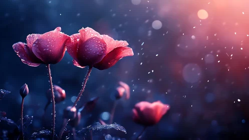 Red Poppies with Dew Drops in Twilight.