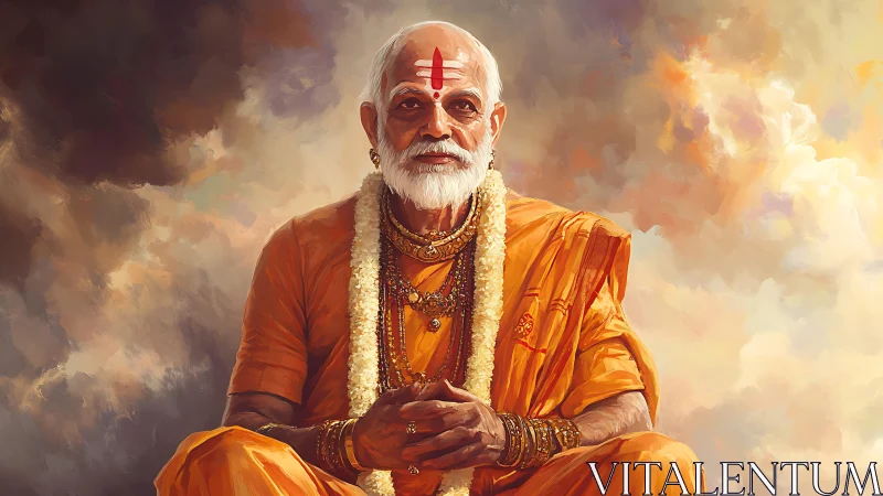 Elderly Hindu guru in saffron robes against cloudy sky.