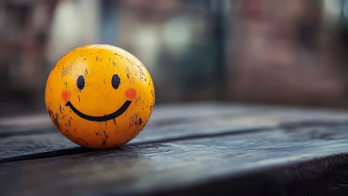 Worn yellow smiley ball resting on rough wooden table.