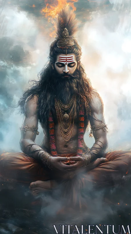 Fire-crowned ascetic folds storm and silence into his breath