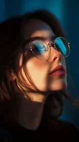 Portrait shows woman in round glasses lit by angled sunlight