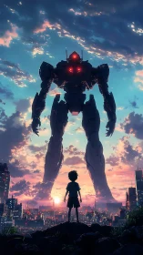 Boy confronts towering battle mech over neon city at dusk.