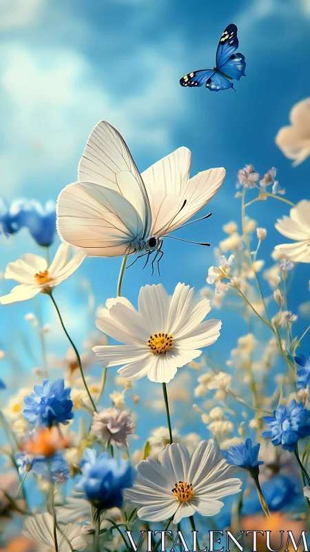 Gentle butterflies dancing above soft white and blue blooms.