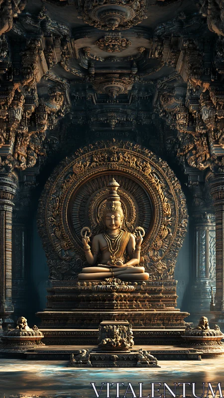 Gilded temple guardian in meditative symmetry and swirling stone.