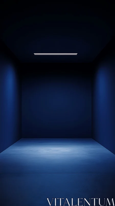 Minimalist blue room with linear ceiling light architecture.