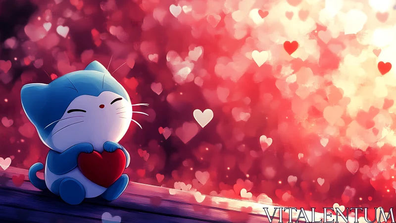Blue felid character holding red heart against bokeh background