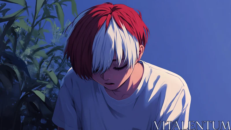 Soft rim lighting isolates pensive anime teen with bicolor hair