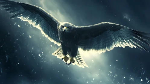 Majestic eagle soaring through stormy sky in dramatic realism.