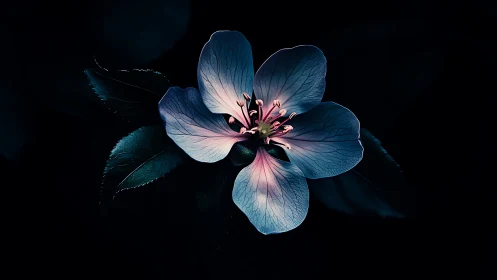 Blue flower petals with pink stamen against dark background