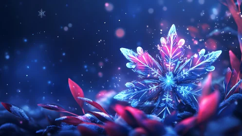 Snowflake structure rests among stylized foliage forms