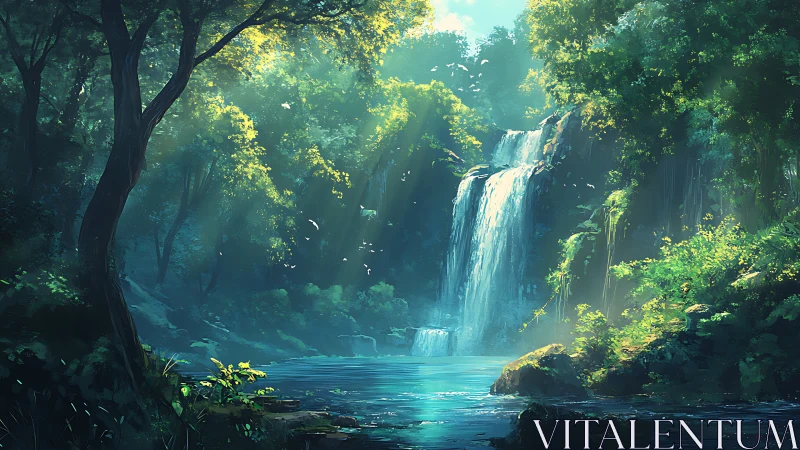 Enchanted Forest Waterfall with Mystical Light.