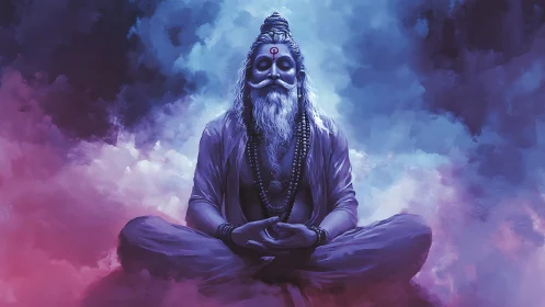 Meditating sage sits cross‑legged in vivid colored clouds
