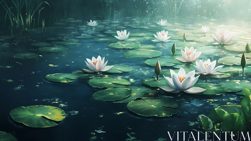Sunlit water lilies drift softly across a tranquil pond