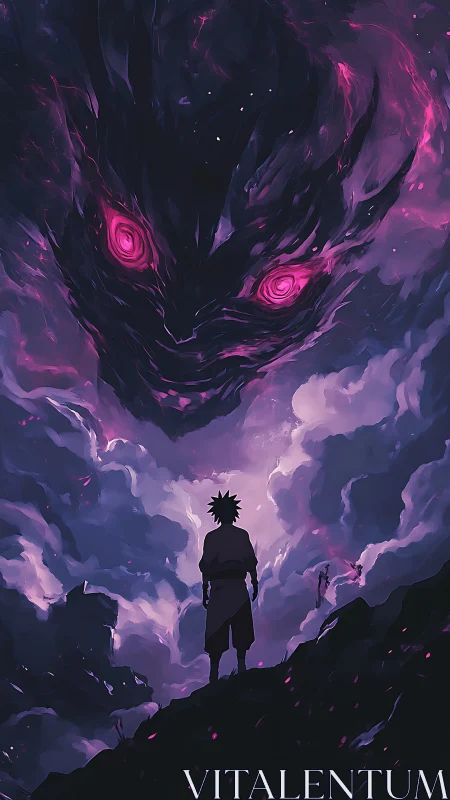 Stormlit wanderer bargains with a colossal void-eyed spirit