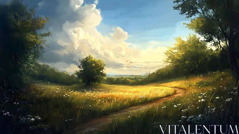 Curving path through sunny meadow under large cloudbank.