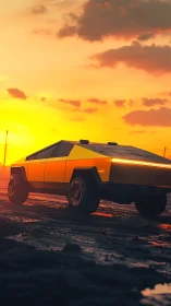 Angular electric truck crosses reflective mud under saturated sunset