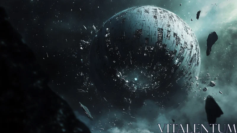 Shattered space megastructure drifting in silent starlight.