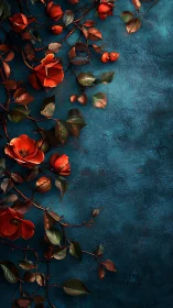 Crimson Blooms Against Weathered Teal Surface.