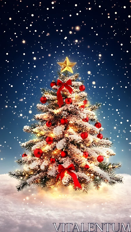 Snow covered Christmas tree with red ornaments at night.