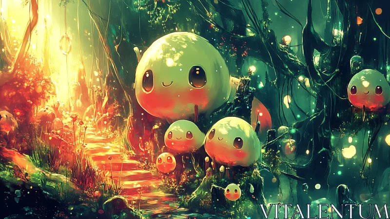 Bioluminescent slime creatures in enchanted neon forest.