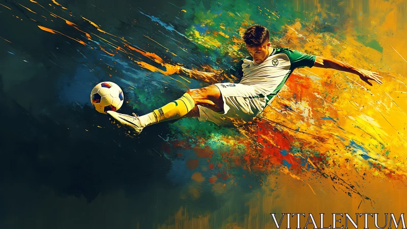 Soccer player kicking ball amid dynamic paint splashes.