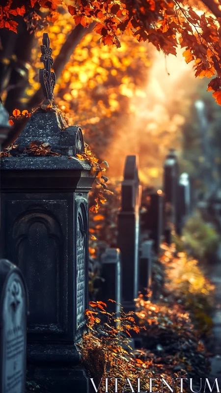 Autumn light drapes a quiet graveyard in ember-bright hush.