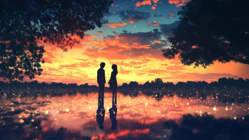 Silhouetted couple by reflective lake at vivid sunset.