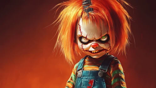 Creepy stitched doll with wild orange hair against fire glow.