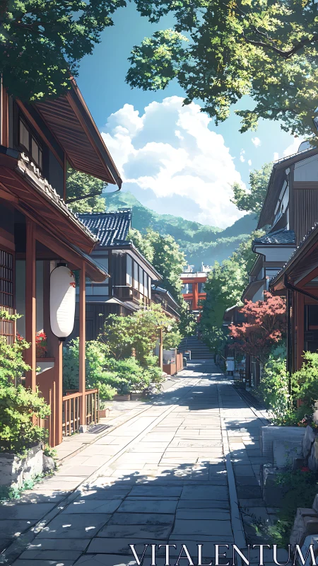 Quiet sunlit street in traditional Japanese village scene.
