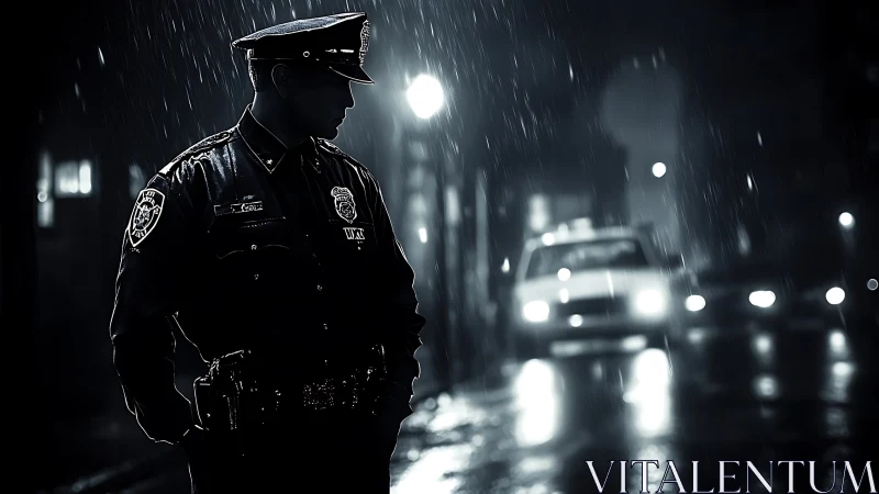 Night street patrol officer in rain with backlit police car
