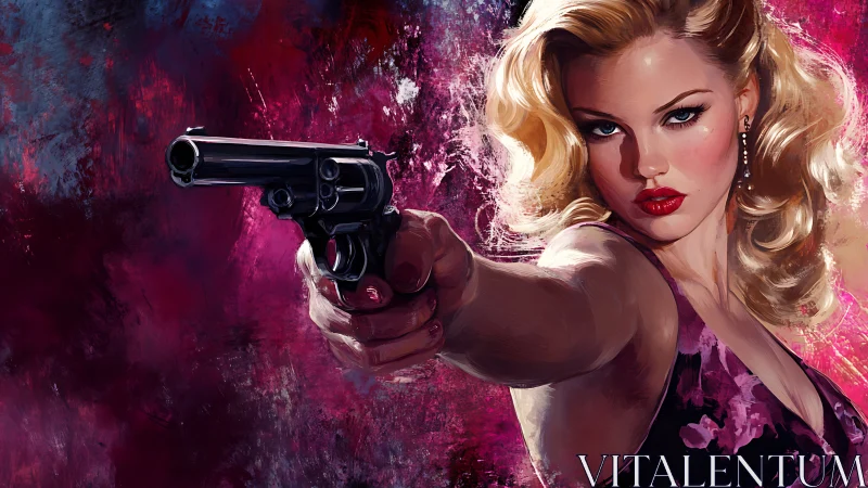 Noir femme fatale aiming revolver against neon backdrop.