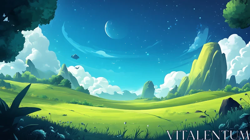 Luminous extraterrestrial valley under crescent planet sky.