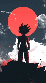 Silhouetted warrior stands against oversized crimson sun