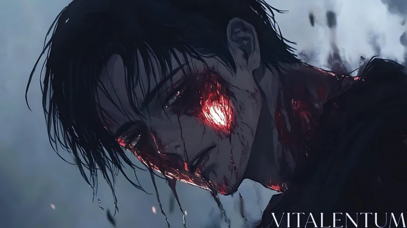 Injured anime man looks down with glowing torn cheek wound