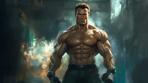 Muscular cyber soldier stands in smoky industrial alley