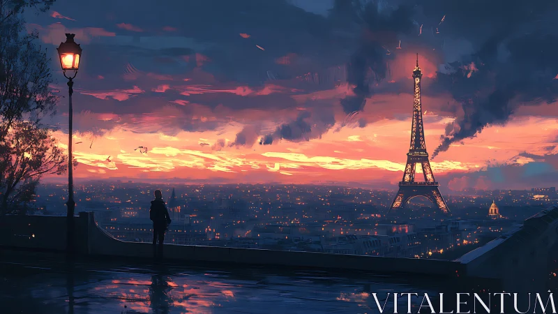 Twilight clouds sip neon from Paris as the tower glows