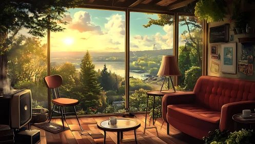 Sunlit lakeside interior blends warm retro decor and vista