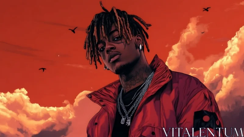 Stylized portrait of urban figure against dramatic red sky