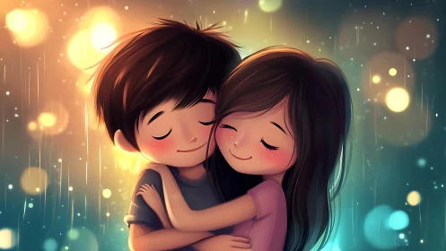 Two Hearts Glowing Bright: Intimate Anime Embrace in Golden Rain.