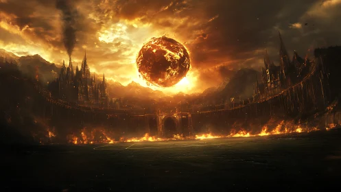 Fiery celestial sphere over a burning gothic fortress.