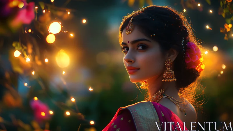 Bridal portrait renders bokeh-lit garden in vivid digital chiaroscuro