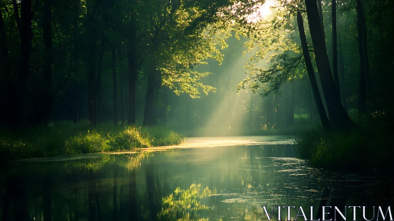 Sunlit forest river reflects dense green canopy quietly