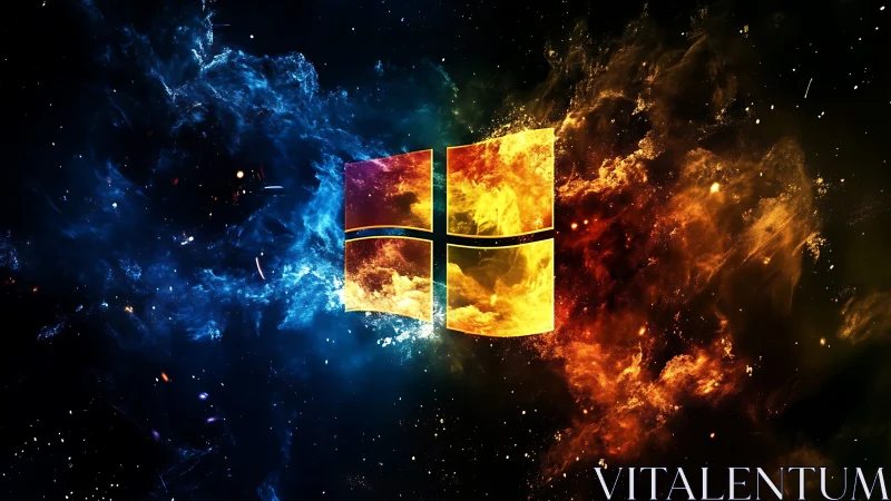 Windows OS logo rendered with dynamic color gradient and particle effects depicting elemental forces