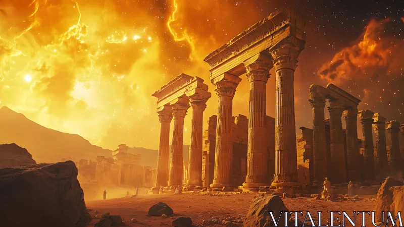 Ancient columned ruins stand under dense, luminous sky field