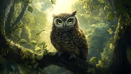 Realistic owl perched on forest branch, bathed in morning light.