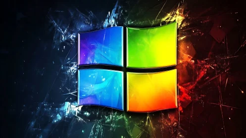 Windows logo with neon glass effect on dark abstract field.
