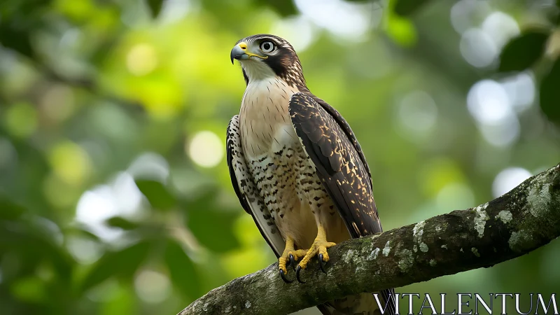 Peregrine falcon perched on branch in vibrant natural setting.