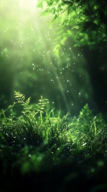 Gentle forest glow over dewy grass in a quiet green haven.