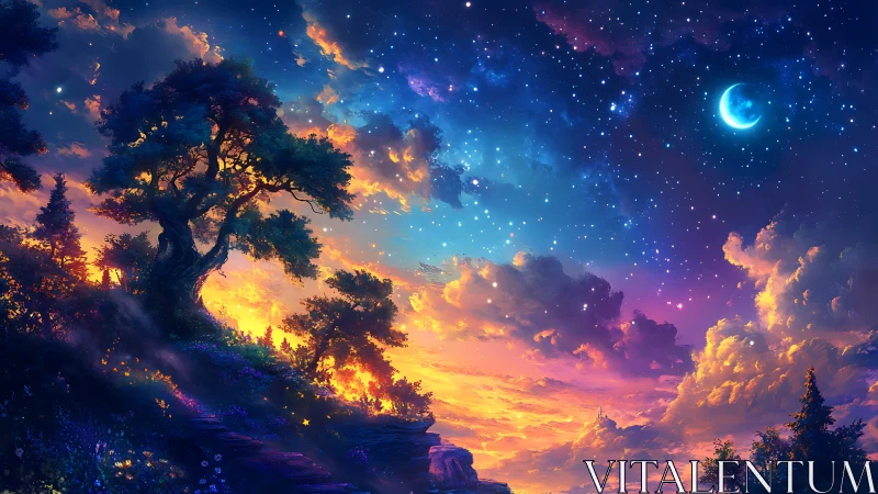 Enchanted hillside glows beneath a vibrant crescent sky.